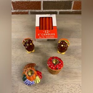2‎ PAIR OF TURKEY/THANKSGIVING CANDLE HOLDERS With TAPERED CANDLES 4"  TALL